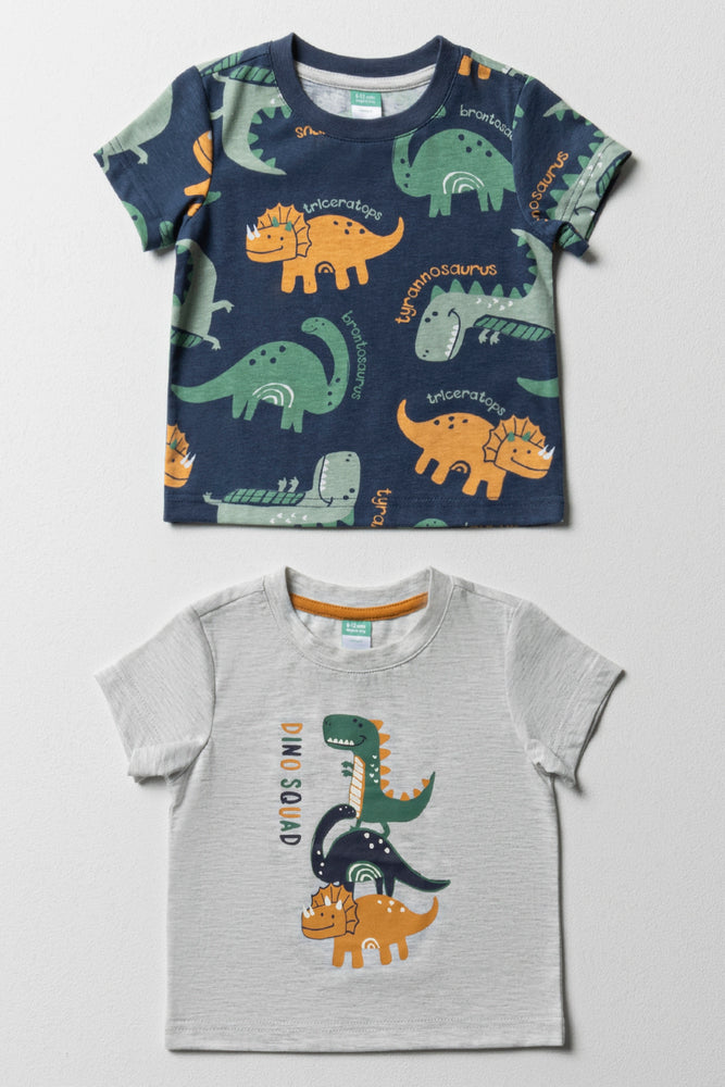 2 Pack Dinosaur Short Sleeve T-Shirts Grey & Navy