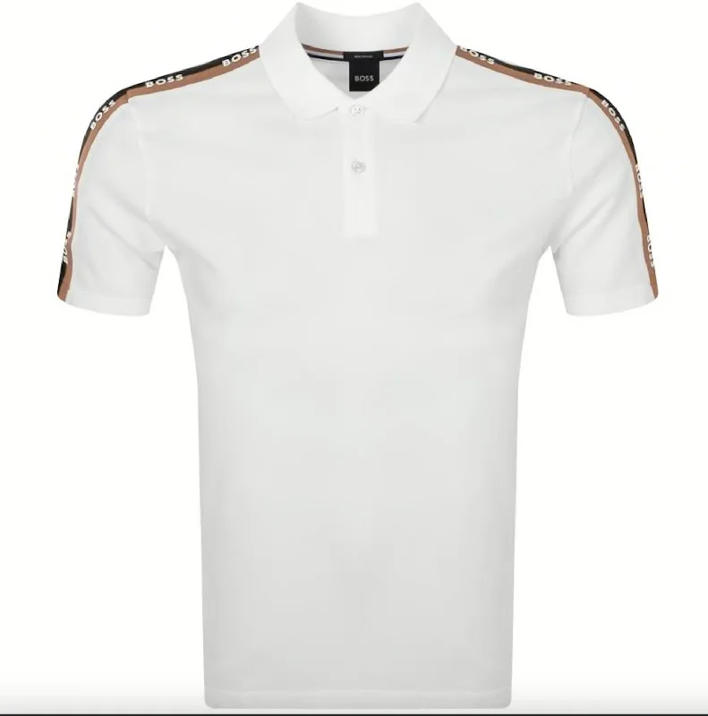 Hugo Boss Men's Parlay White Pique Cotton Shoulder Logo Short Sleeve Polo T-Shirt