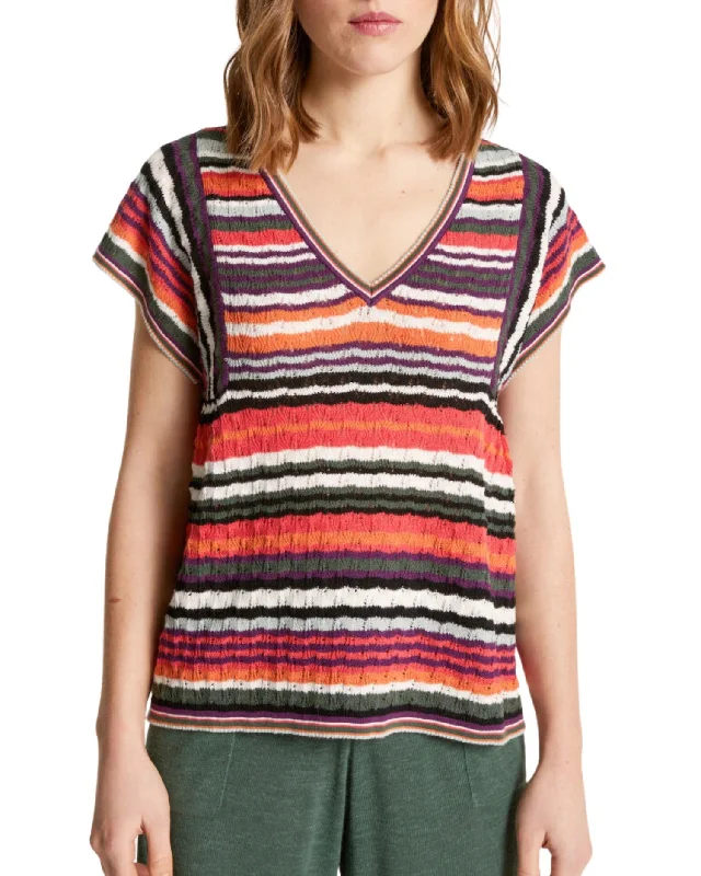 Lisa Striped Short Sleeve Knit Top In Tutti Frutti