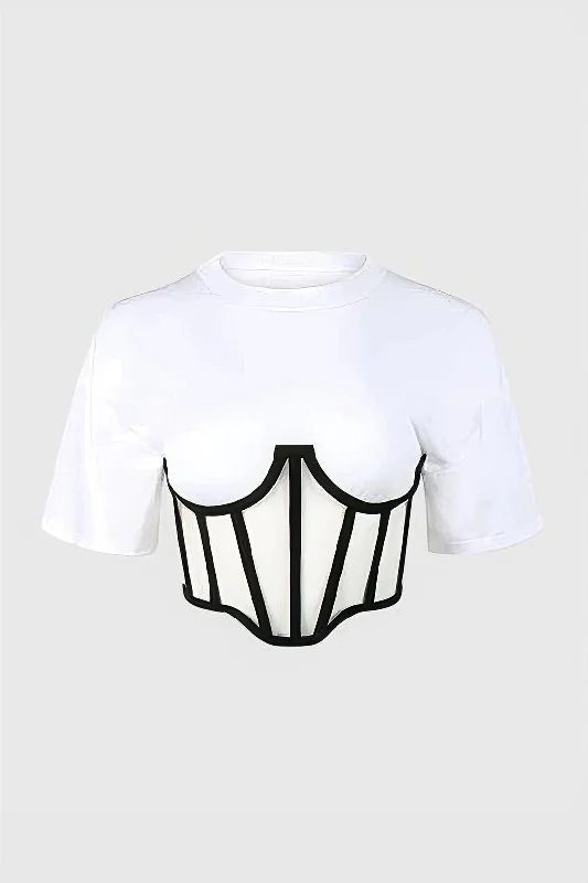 Zipper Short Sleeve Round Neck Corset Waist T-Shirt