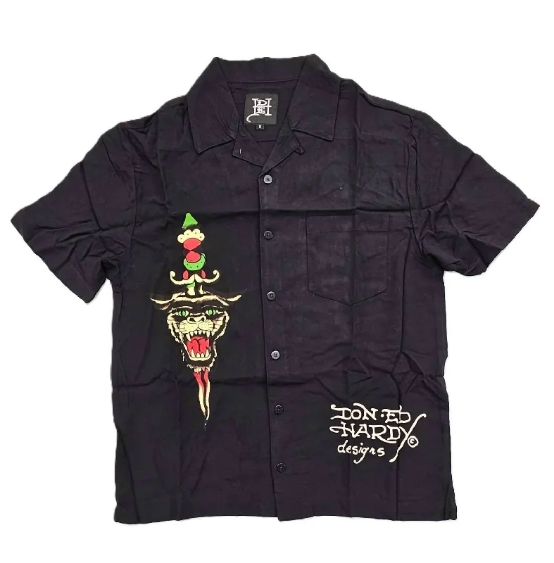 Men's Lks Skull Short Sleeve Camp Shirt In Black