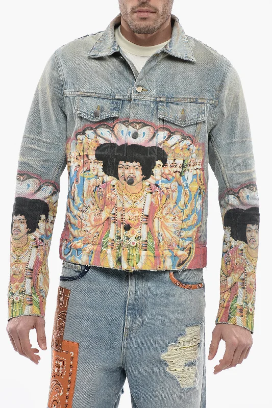 Amiri Vintage Effect Denim Jimi Hendrix Jacket with Maxi-Print