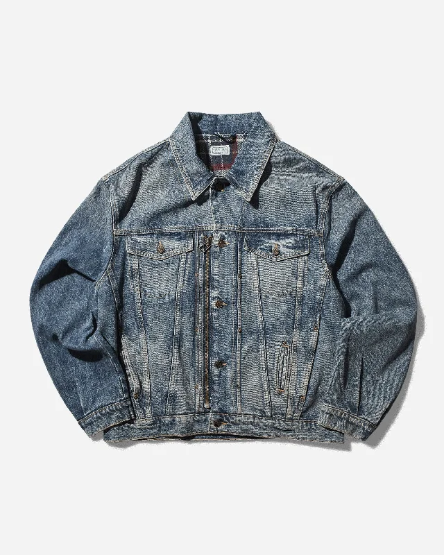 Men's Lined Zip-Up Trucker Jacket Coated Used Indigo