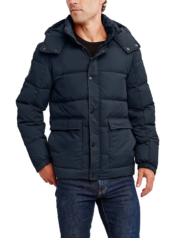 Men's Water And Wind Resistant Hooded Puffer Jacket In Navy Blue