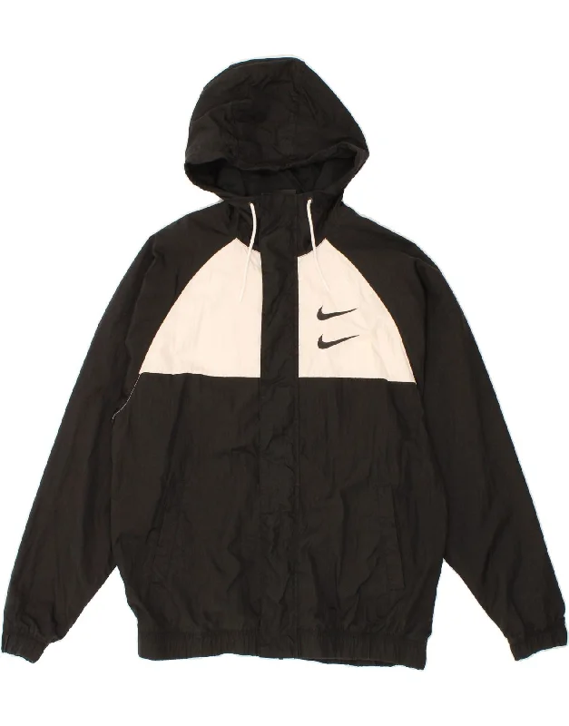 NIKE Mens Swoosh Graphic Hooded Rain Jacket UK 38 Medium Black Colourblock