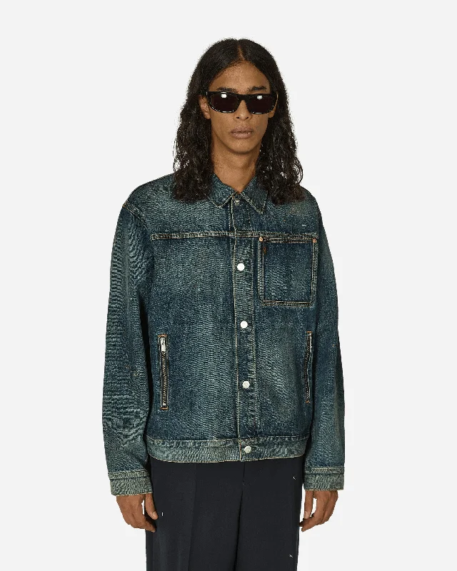 Cross Embroidery Distressed Denim Jacket Light Blue Indigo