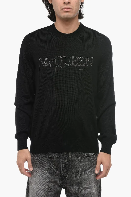 Alexander McQueen Crew Neck Wool Sweater with Metallic Logo