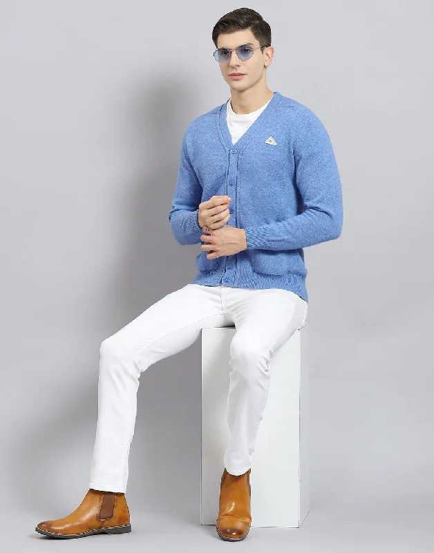 Men Blue Solid V Neck Full Sleeve Sweater