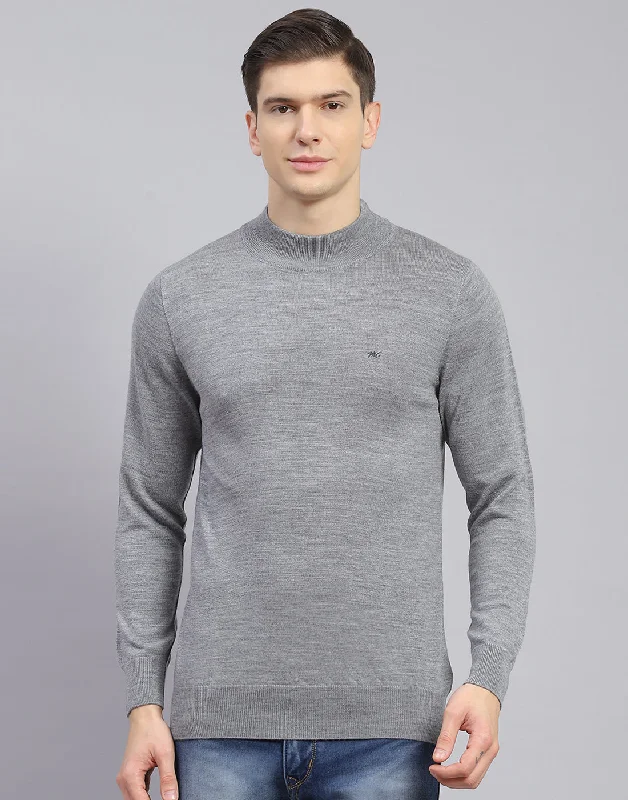 Men Grey Solid T Neck Full Sleeve Sweater