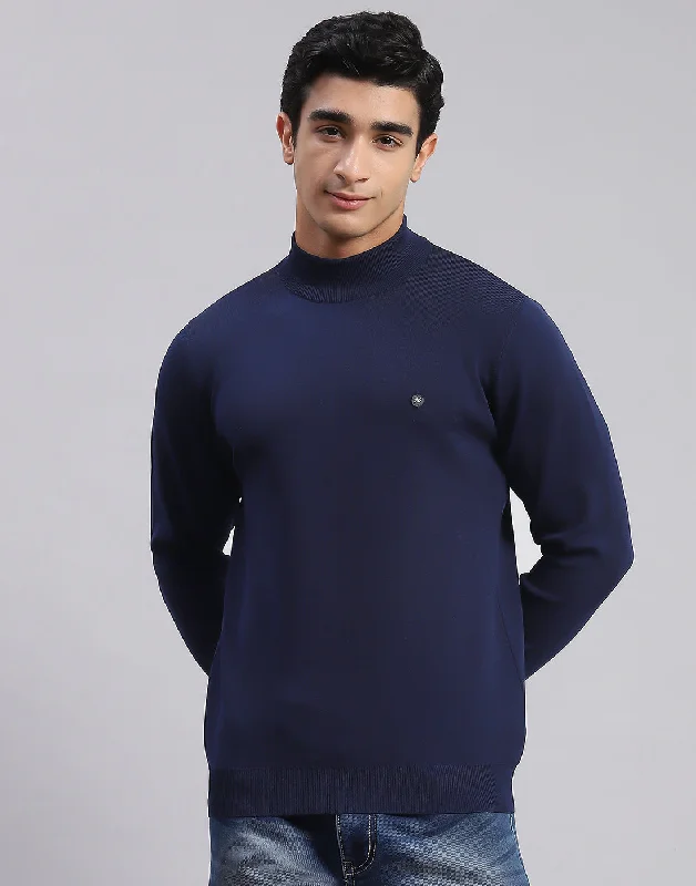 Men Navy Blue Solid T Neck Full Sleeve Sweaters/Pullovers