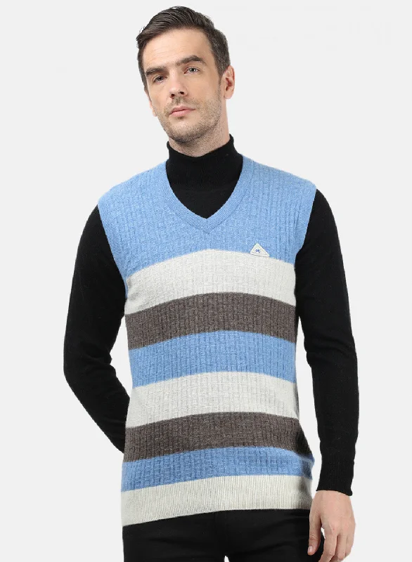 Men Off White & Blue Solid Sweater