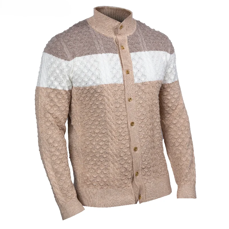 Prestige 3-Tone Taupe White Button Down Sweater SW-217 ALMOND