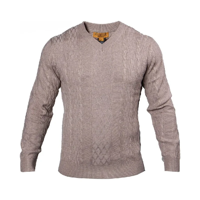 Prestige Taupe Oatmeal V-Neck Cable Sweater SW-563