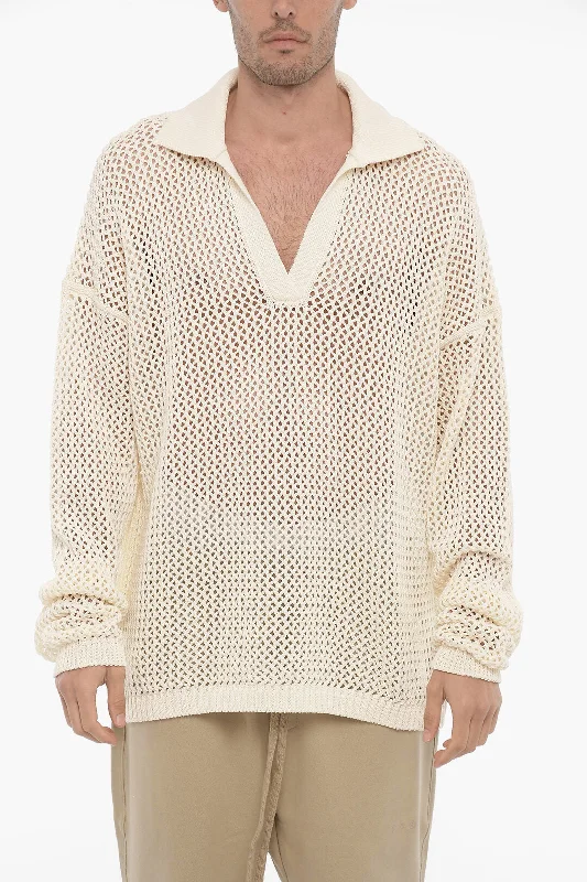 RAMAEL All-Over Perforated Sweater with Polo Collar