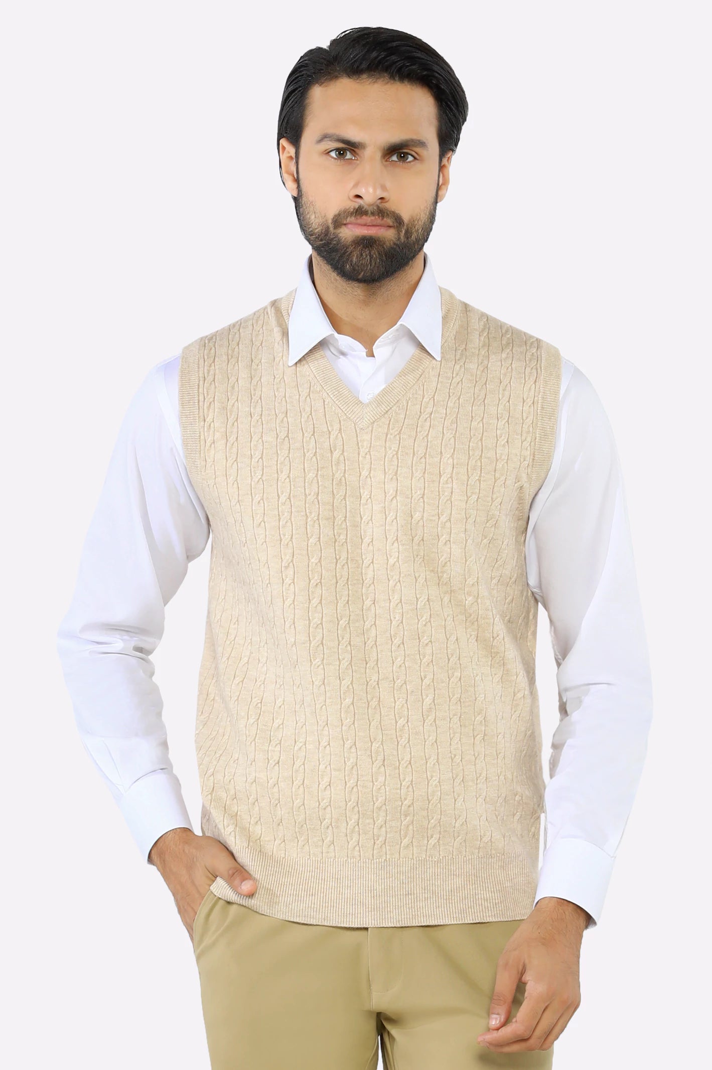 Men V-neck Beige Sleeveless Sweater