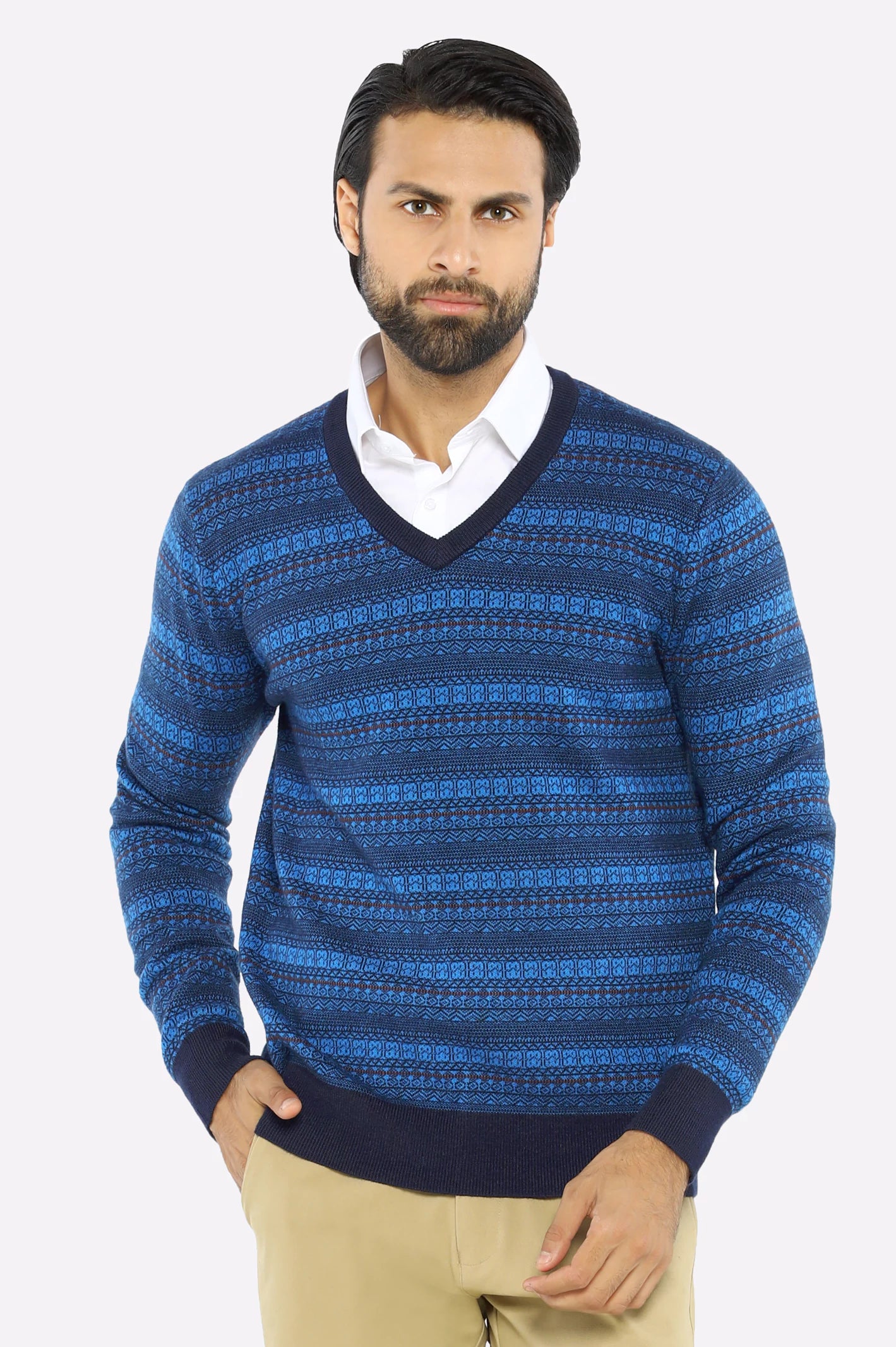 Men V-neck Multi Blue Sleeves Sweater