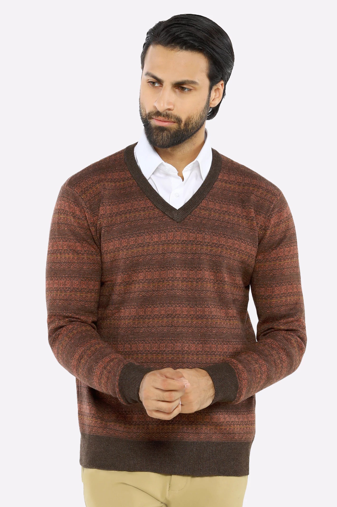 Men V-neck Multi Brown Sleeves Sweater