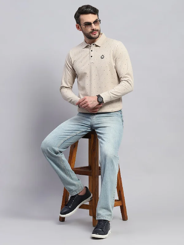 Men Beige Printed Collar Full Sleeve Sweatshirt