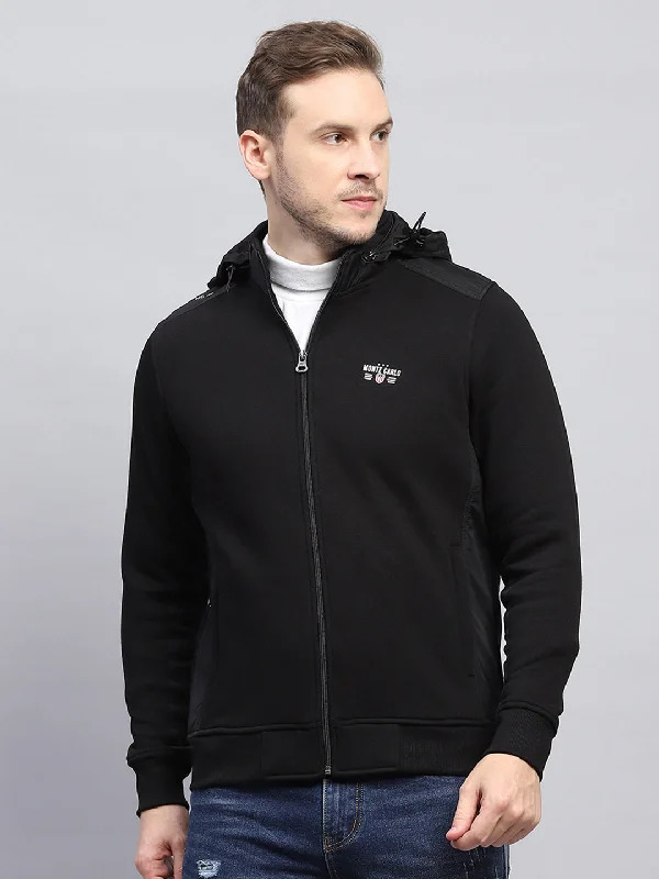 Men Black Solid Detachable Hood Full Sleeve Sweatshirt