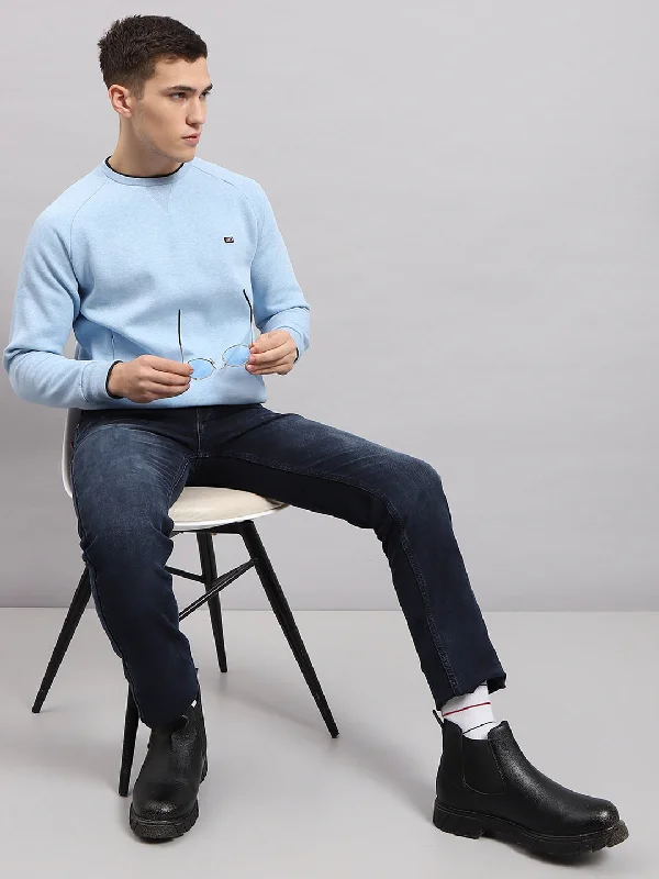 Men Blue Solid Round Neck Full Sleeve Sweatshirt