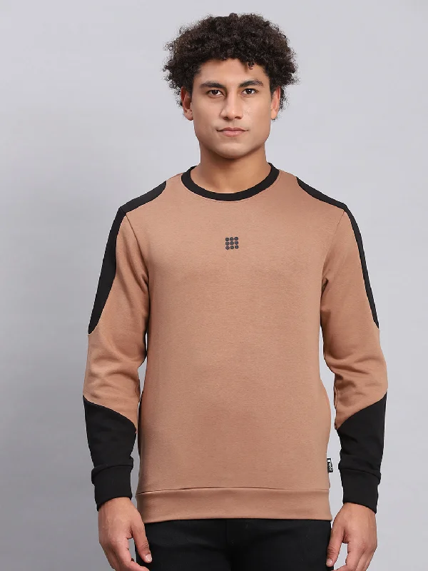 Men Brown Solid Round Neck Full Sleeve Sweatshirt