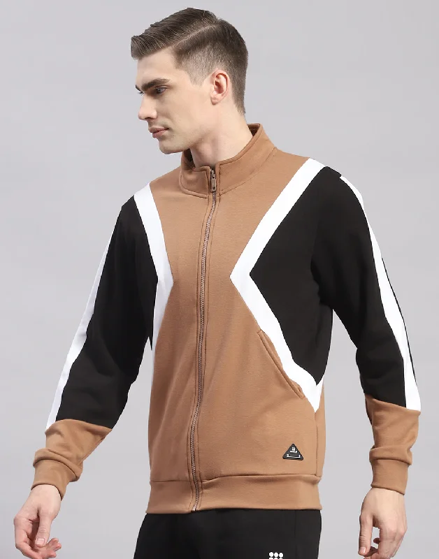 Men Camel Brown Solid T Neck Full Sleeve Sweatshirt