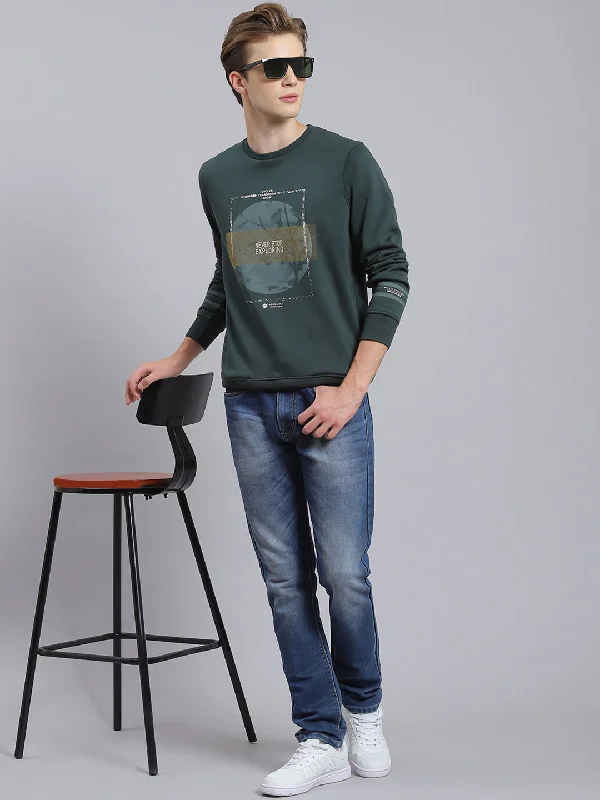 Men Green Printed Round Neck Full Sleeve Sweatshirt