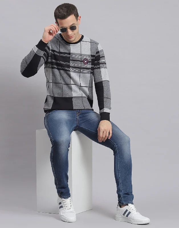 Men Grey Melange Check Round Neck Full Sleeve Sweatshirt