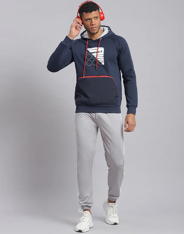 Men Navy Blue Printed Hooded Full Sleeve Sweatshirt