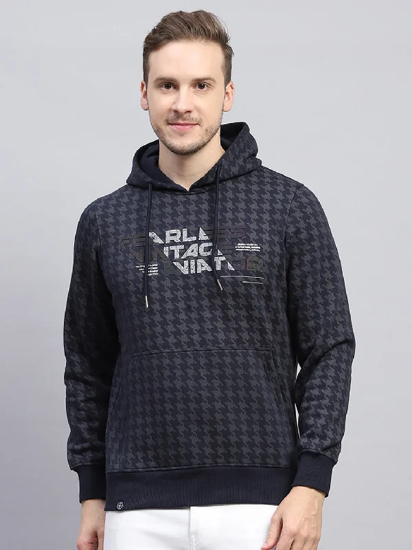 Men Navy Blue Printed Hooded Full Sleeve Sweatshirt