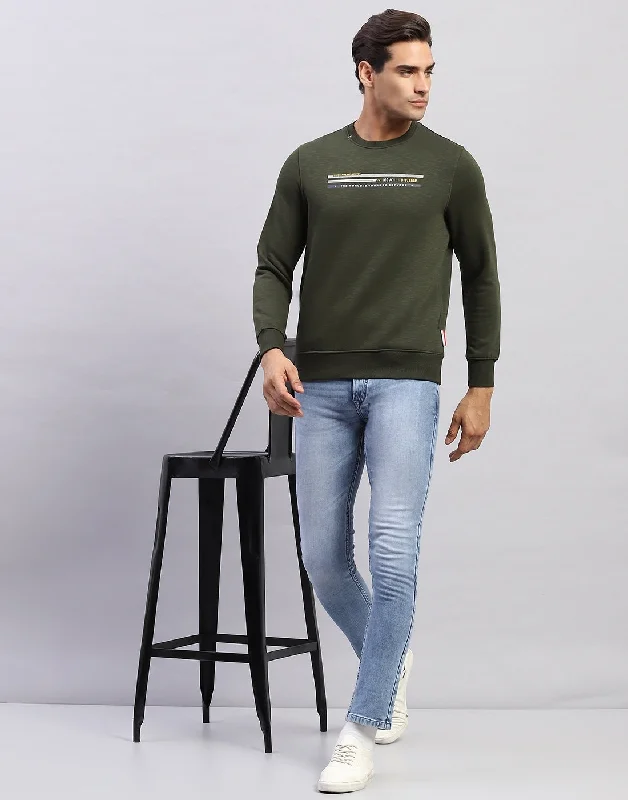 Men Olive Printed Round Neck Full Sleeve Sweatshirt