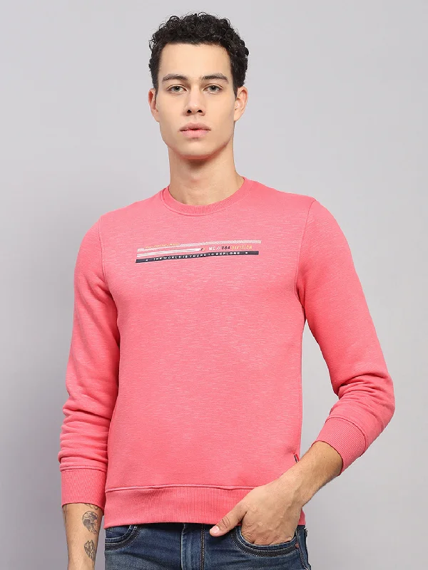 Men Pink Printed Round Neck Full Sleeve Sweatshirt