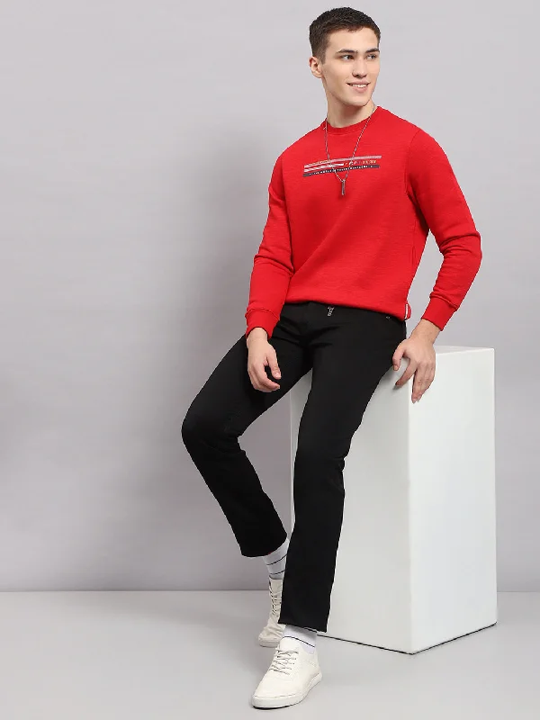 Men Red Printed Round Neck Full Sleeve Sweatshirt