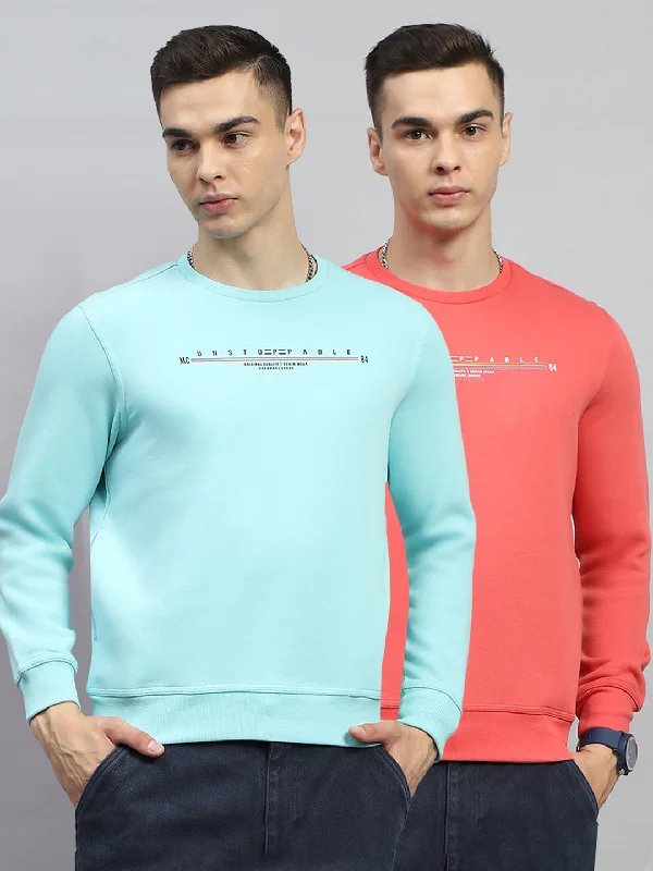 Men Red & Sky Blue Printed Round Neck Full Sleeve Sweatshirt