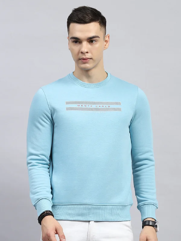 Men Sky Blue Printed Round Neck Full Sleeve Sweatshirt