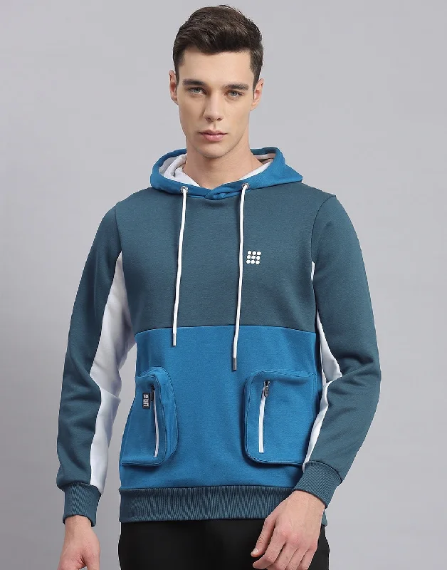 Men Turquoise Blue Solid Hooded Full Sleeve Sweatshirt