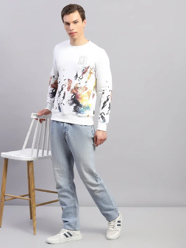 Men White Printed Round Neck Full Sleeve Sweatshirt