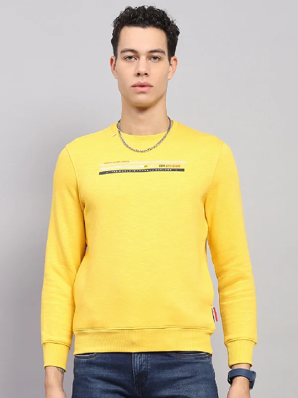 Men Yellow Printed Round Neck Full Sleeve Sweatshirt